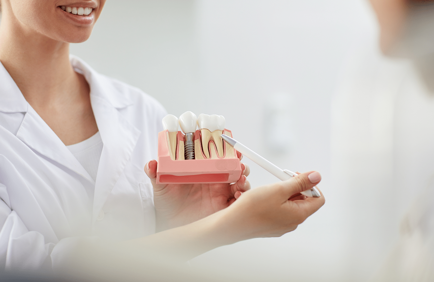 Dentist explaining a single tooth implant using a jaw model